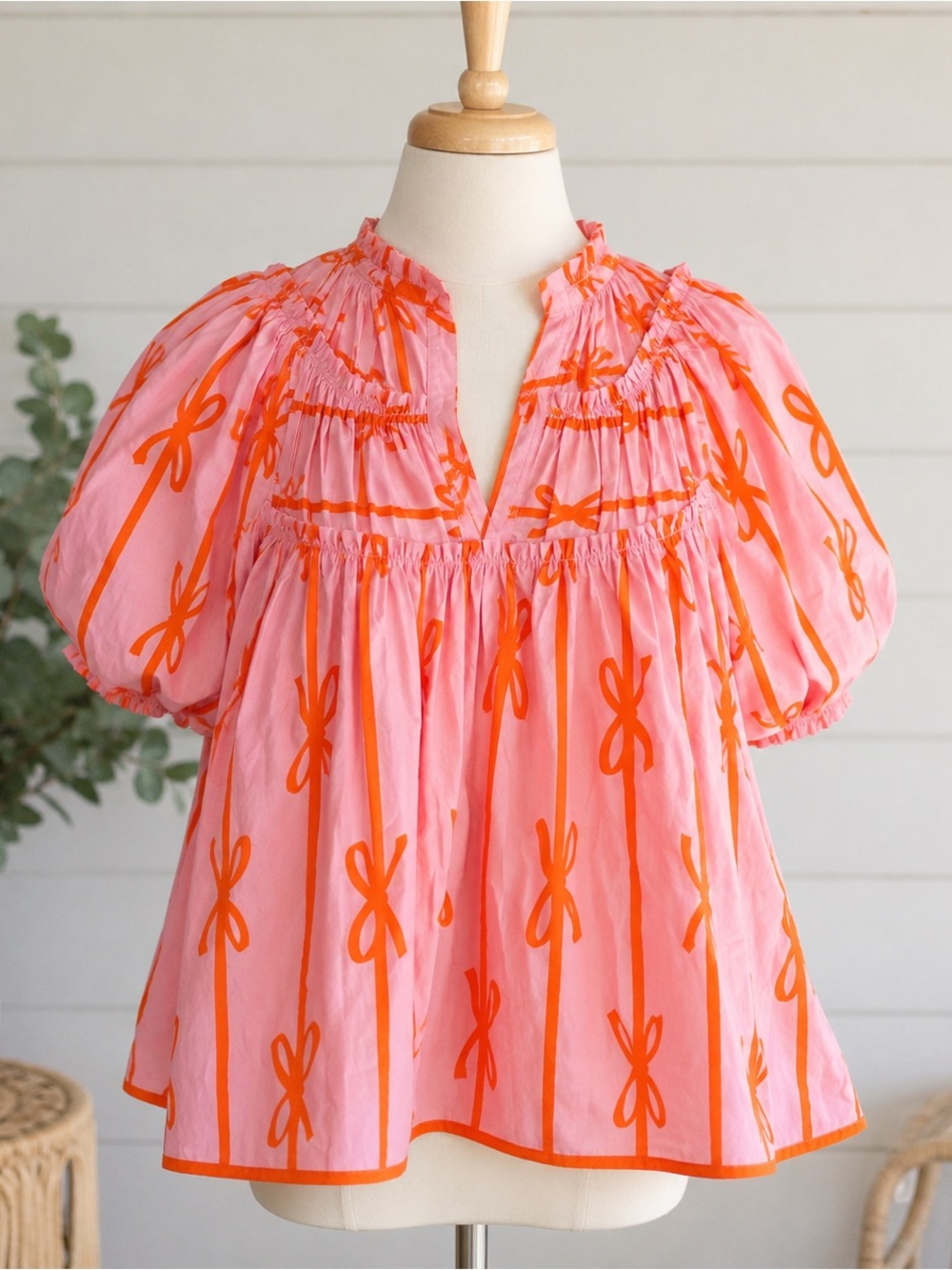 Umgee Pink Orange Bow Print Babydoll Tunic Top Puff Sleeve Medium - Picture 2 of 11